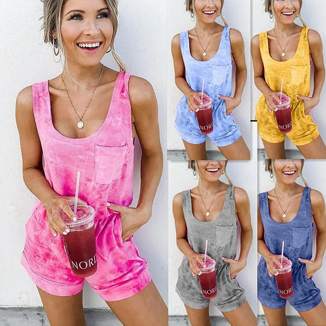 US $8.88 Summer Casual Women Print Playsuits Jumpsuit by Pockets 2019 New Lace Up Jumpsuit Sleeveless Women 