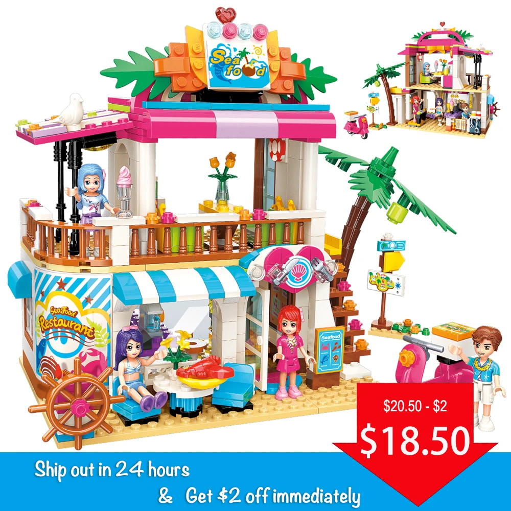 

Fit Friends Cherry Beach Seafood Restaurant Set Motorcycle Tree Figures Educational Building Blocks Toy for Girls Gifts