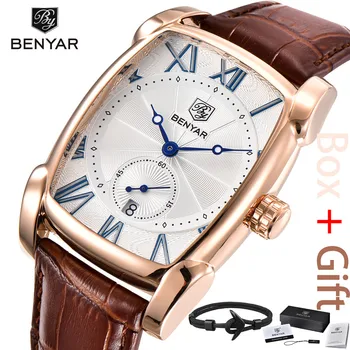 

BENAYR Top Sport Luxury Quartz Chronograph Business Brand Leather Strap Mens Watches Rose Gold White Dial relogio masculino+Box