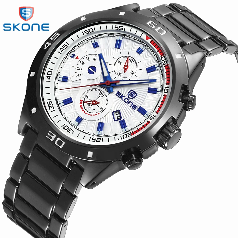 

SKONE Brand Men's Sports Watch Stainless Steel Band Quartz Watches Waterproof Auto Date Business Wristwatches Relogio Masculino