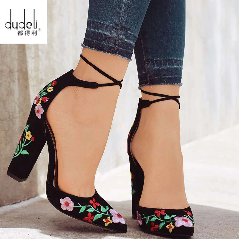 

DUDELI 43 Size Embroider Women Pumps High Heels Pointed Toe Lace up Cross-tie Women High Heels Elegant Ladies Shoes Women