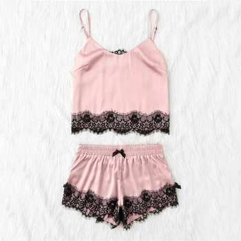 

Spaghetti Strap Lace Applique Cami Top And Shorts 2 Pieces Women Pajama Set Fashion Women's Sleepwear Pajama Set