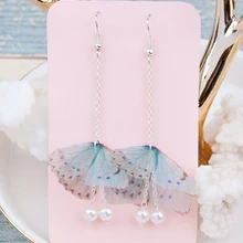 Doreen Box Organza Ethereal Butterfly Earrings Silver color Green Blue Created Pearl Fashion Earrings 80mm long,1 Pair 2017 new