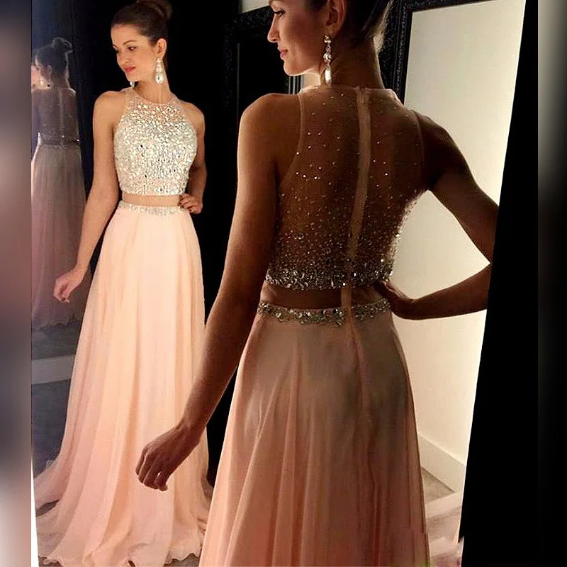 

Elegant Chiffon Two Pieces A-Line Evening Dresses 2019 Beaded Prom Dresses O-Neck Sweep Train Sleeveless Prom Gown Evening Party