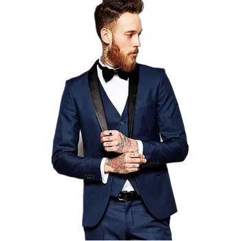 

New Fashion Groom Men's Suit Blue Business Tuxedos Top Quality Wedding Suit Custom top + pants + vest