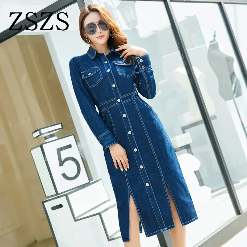 

Autumn Long Sleeves Denim Dress Women Single-breasted Long Jeans Dresse Spring Casual Femme Cowboy Split Midi Dresses