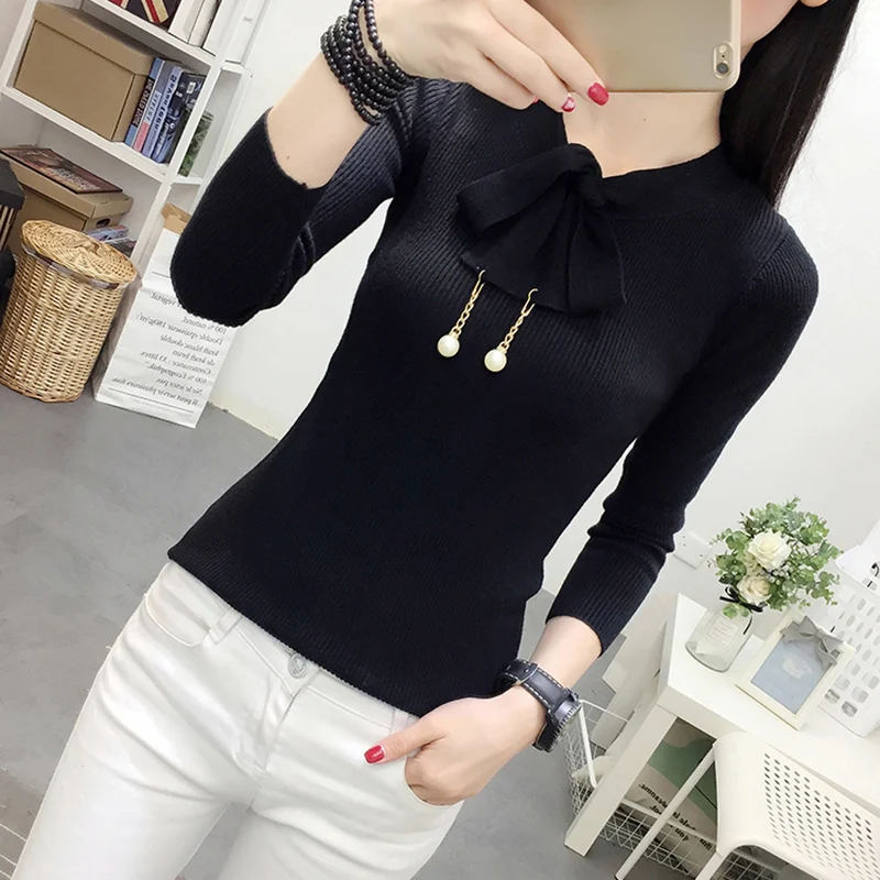 Winter Tops For Women 2018 New Bow Beading Lace Up  Knitted Sweater Women Sweaters And Pullovers High Elasticity Woman Sweaters