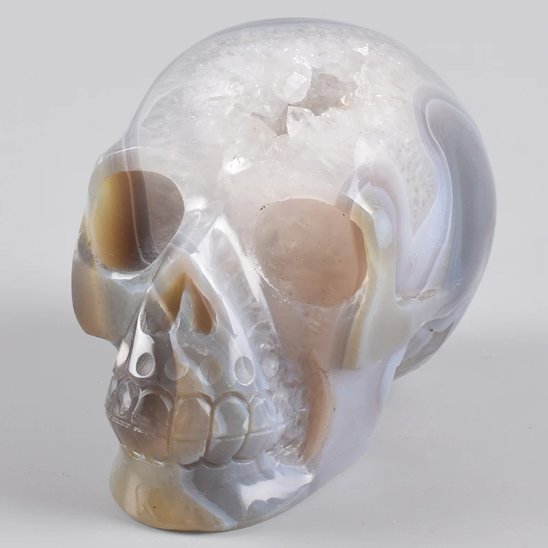 

4 " Hand Carved Skull Agate Crystal Geode Skulls 646 g Natural Stone Halloween Quartz Figurine Onyx Statue Feng Shui Decor Art