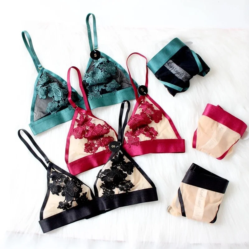Women Girls Bra Brief Sets Embroidery Floral Transparent Lace Wire Free Ultra-thin Sexy Lingerie Set Women Girls Bra Brief Sets Embroidery Floral Transparent Lace Wire Free Ultra-thin Sexy Lingerie Set