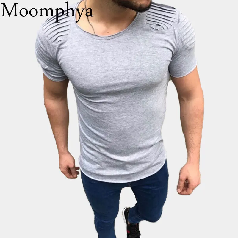 Мужская футболка Moomphya однотонная облегающая с плиссированными плечиками