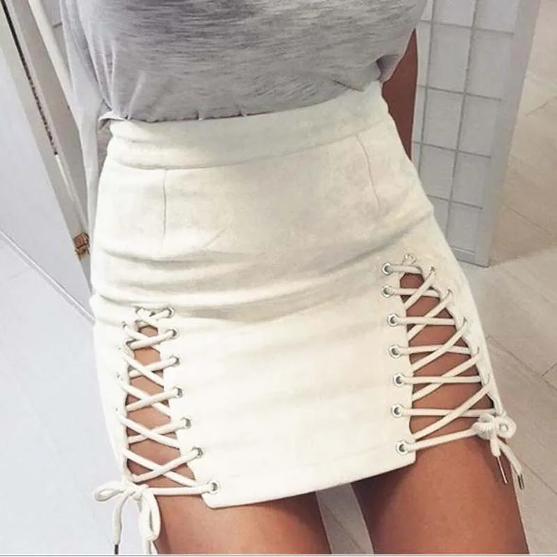 

Venlilulu Sexy Mini Skirt 2018 Autumn Lace up High Waist Skirts Women Winter Bandage Casual Short Skirts Bodycon Ladies Straight