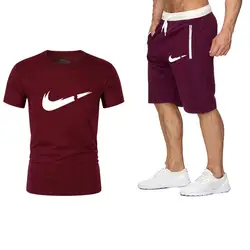 Летние Для мужчин наборы футболки + Брендовые мужские шорты одежда два Костюм из нескольких предметов спортивный костюм модная