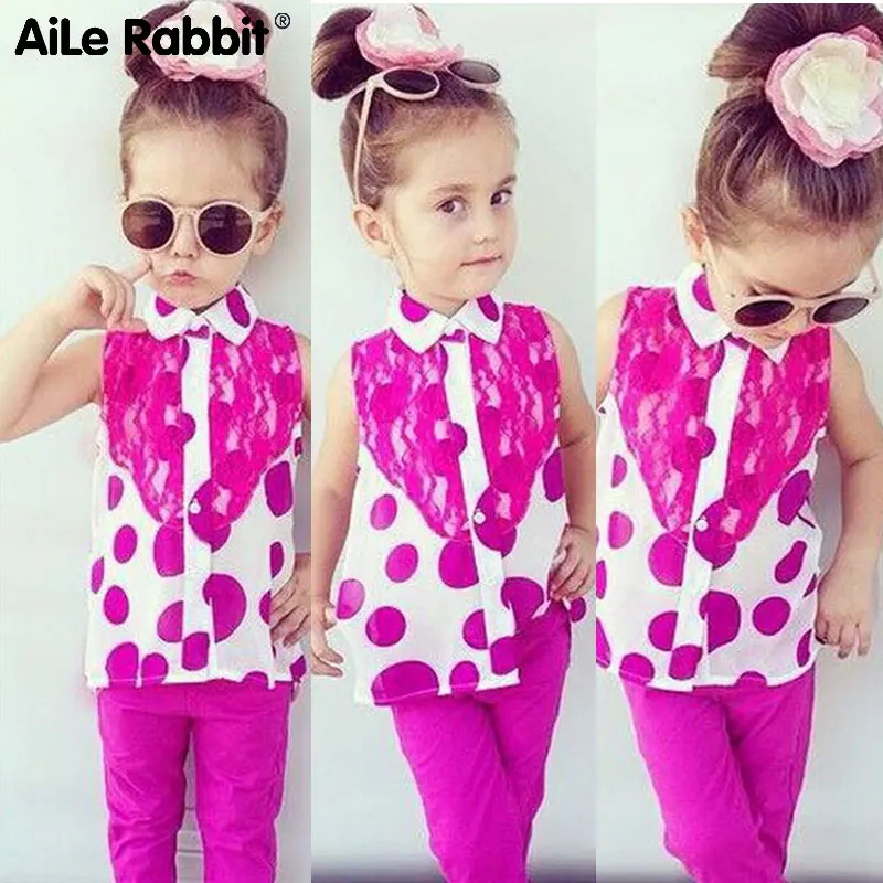 

Aile Rabbit New Summer Girls Clothing Set Kids Apparels T Shirt+pant Two Pieces Sets Children clothes suits dot tops k1
