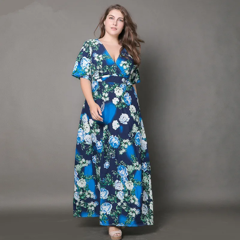Summer XXL 4L 5XL 6L 6XL Large size Dress Women Flower Print V neck A line Maxi Long Dresses