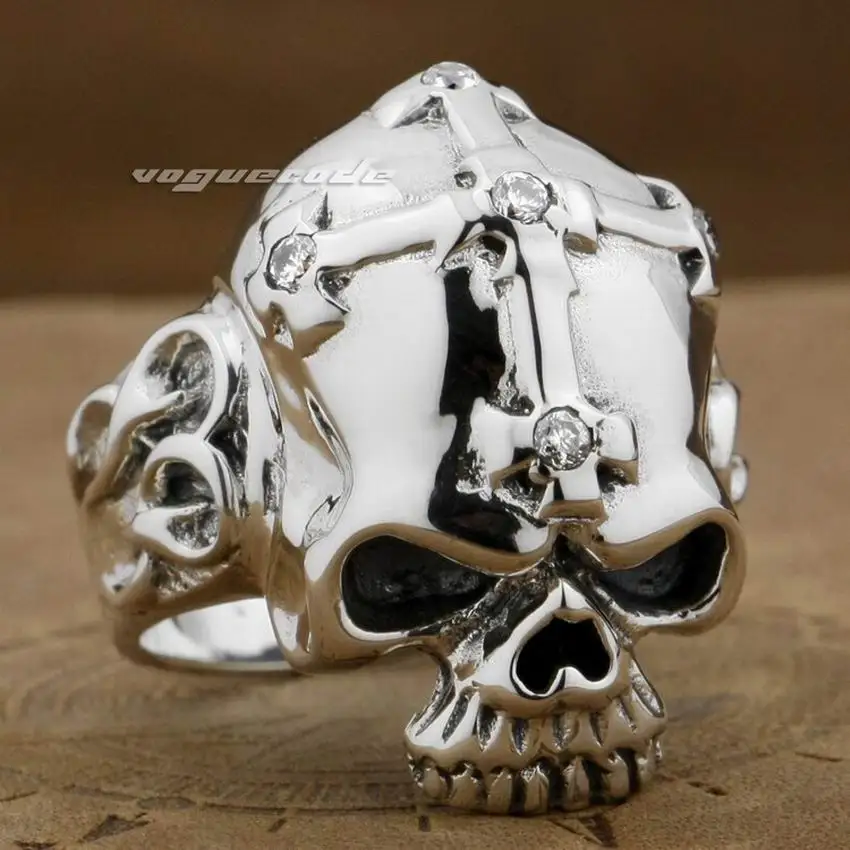 925 Sterling Silver Skull Corss White CZ Stone Mens Biker Rocker Punk Ring 9G013 US Size 7 to 15