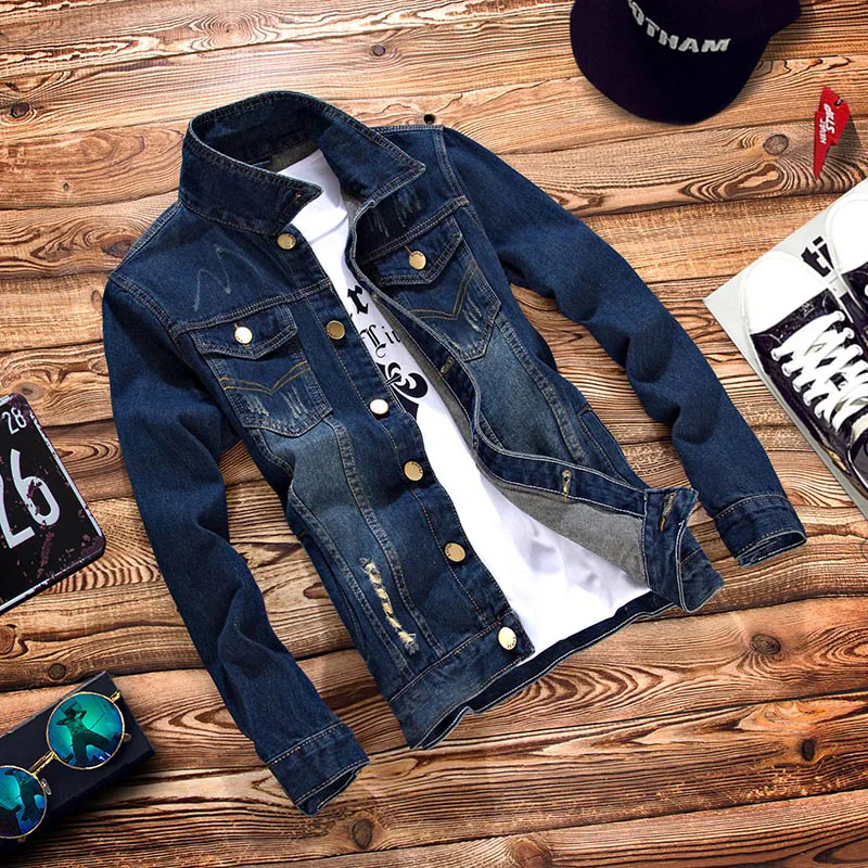 2016 Autumn new Navy blue Men's Single Breasted casual denim jacket