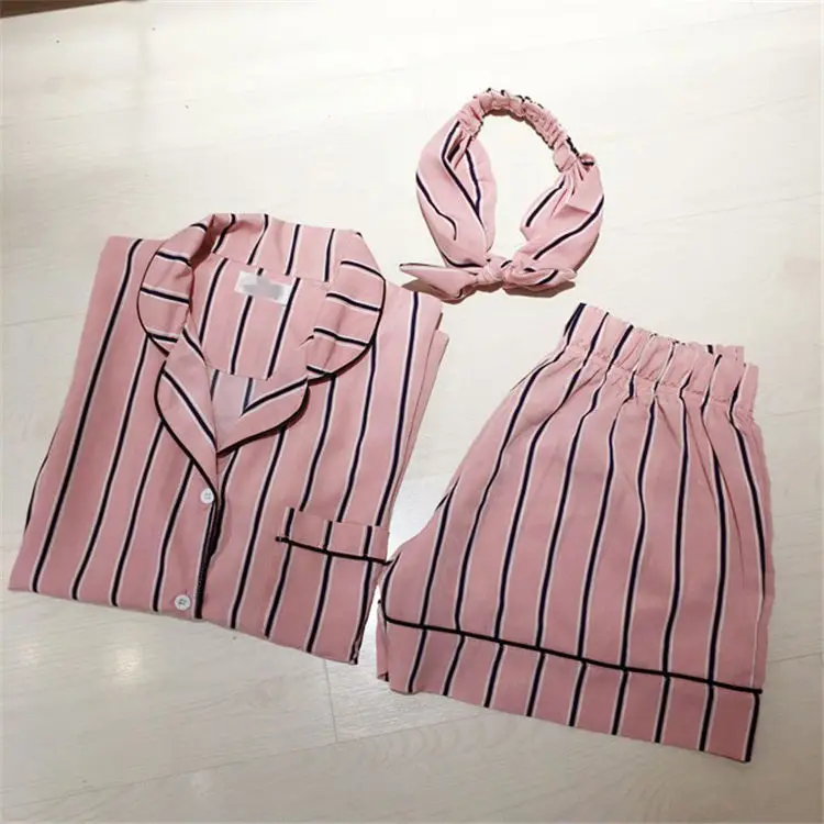 Большие размеры 2 цвета 2018 Лето с коротким рукавом пижамы женские полосатые три части шорты костюм спортивный костюм Женская одежда для сна