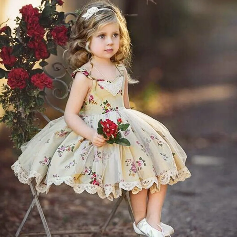 

2019 New Flower Lace Dress Princess Kids Baby Girls Sleeveless Dress Floral Tulle Party Wedding Dress Children Summer Sundress