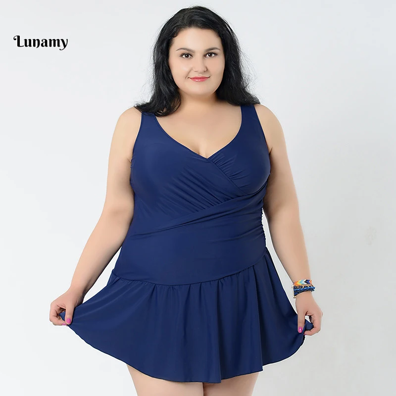 

Lunamy Sexy Push Up Plus Size One-Piece Swimsuit Women Solid Color Folds Lace Skirt Big Size Dress 4XL-8XL Large Size Swimwear
