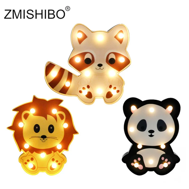 

ZMISHIBO 3D LED Night Lights Colorful Animal Cute Panda Lion Raccoon Shape Bedside Table Lamp For Children's Day Gift Battery AA