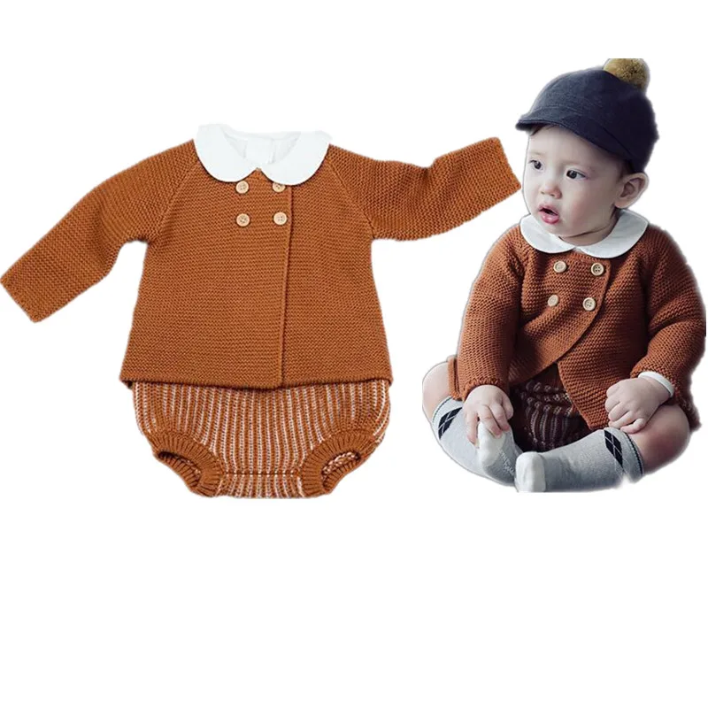 Комплекты осенне-зимней одежды для малышей милый кардиган для маленьких девочек, детский теплый свитер+ детский Блумер С Рюшами, 2 предмета, вязаная детская одежда