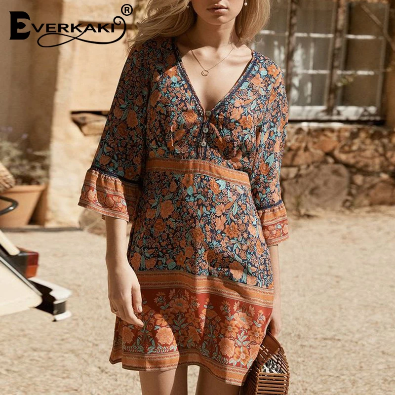 

Everkaki Women Boho Arnhem Floral Print Mini Dress Cotton V Neck Three Quarter Sleeve Bohemian Summer Dress Female 2019 Autumn
