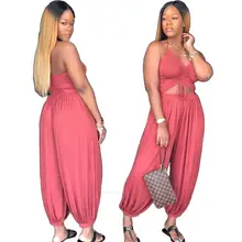 Casual loose halter neck Bloused Knickers jumpsuits waist cut-out backless one piece suits solid v neck playsuit plus size 3XL empire waist plus size cut out t shirt