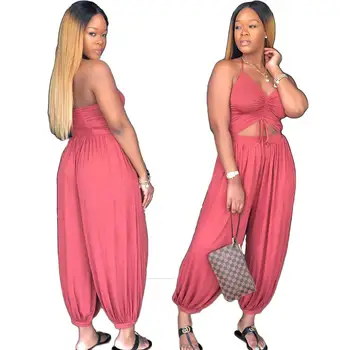 Casual loose halter neck Bloused Knickers jumpsuits waist cut-out backless one piece suits solid v neck playsuit plus size 3XL cut out neck crop solid tee