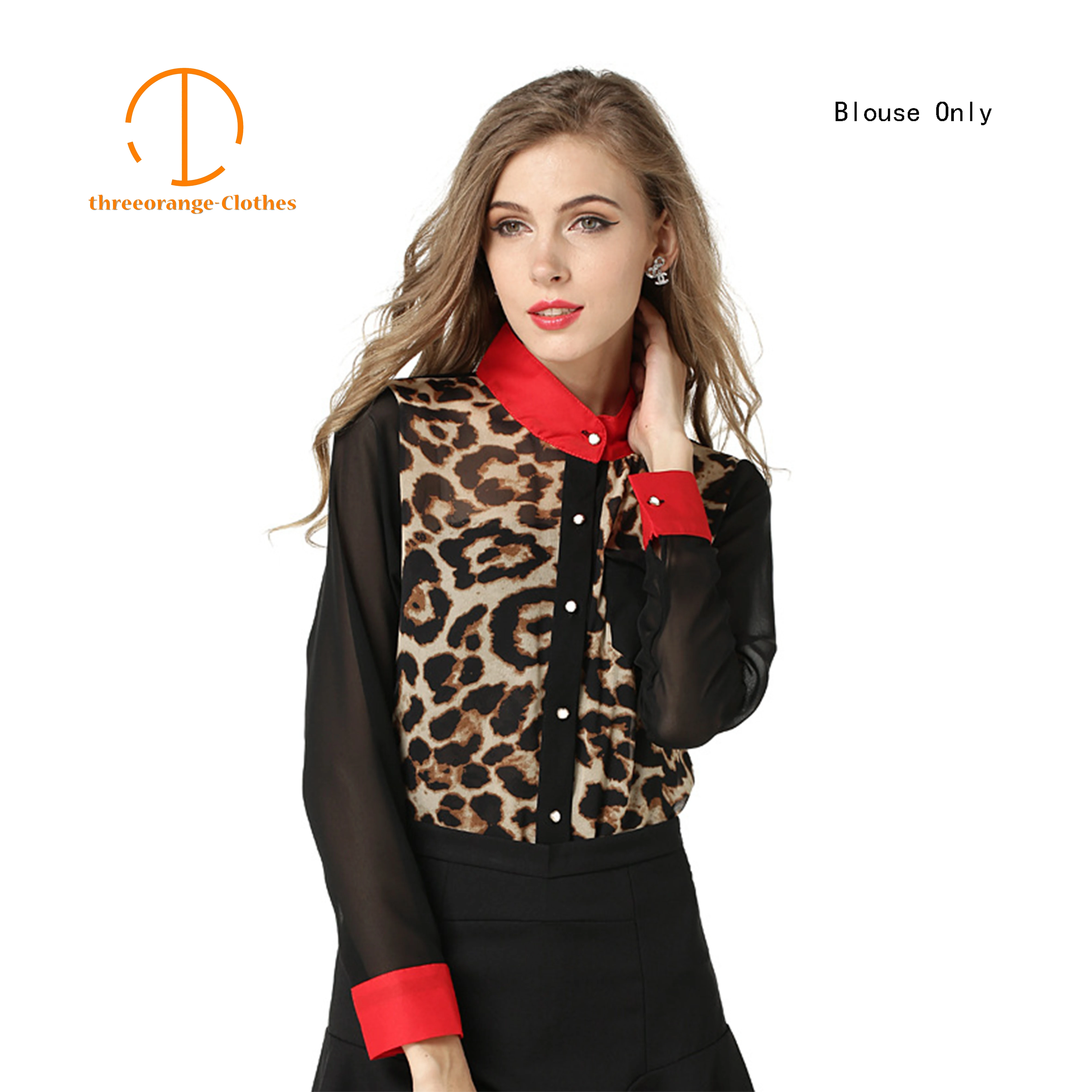  Stylish Chiffon Leopard Blouse shirt women single breasted Transparent Long mesh Sleeve Summer Casu