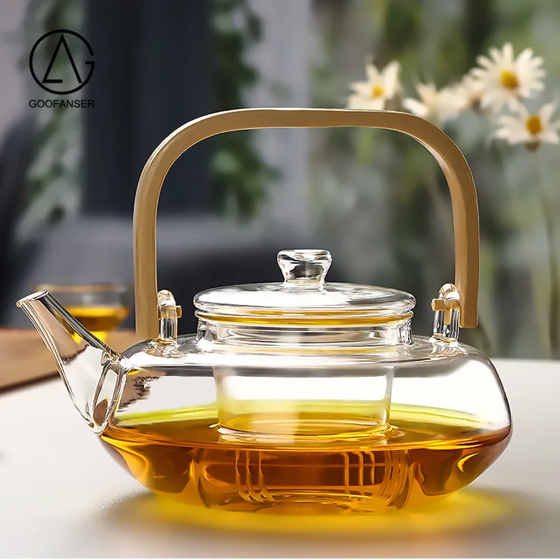 Goofanser glass bamboo handle pot handmade bamboo teapot with high