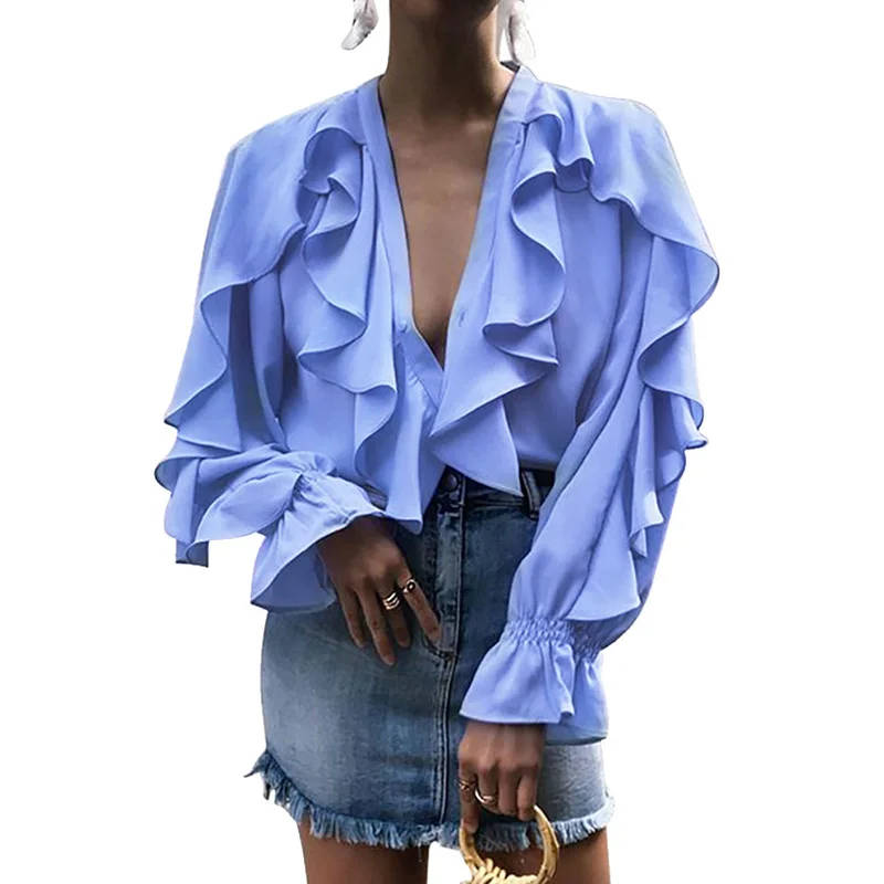 

Moxeay Ruffled Chiffon Button Down Blouse Solid V Neck Long Sleeve Ruffle Tops Office Lady Tunic Shirt Blue Chiffon Tops Blouse