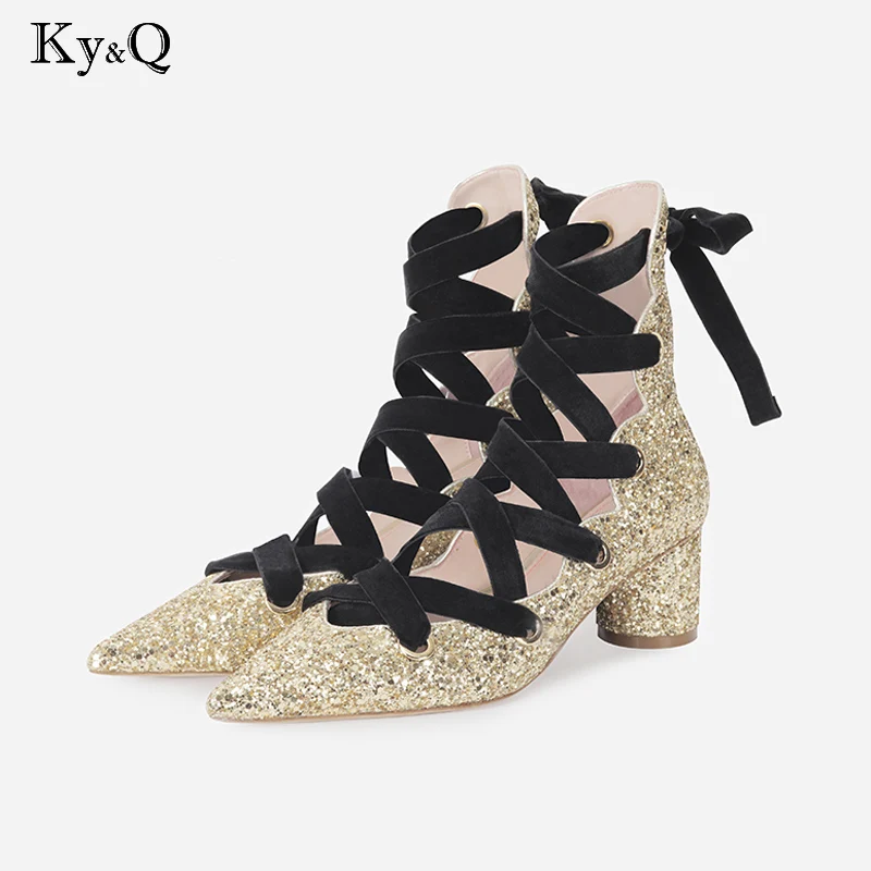 

Silver Gold Wedding Shoes Women Bling Bling Sequins Ribbon Cross Tied Pointed Toe High Heels Glittery Pumps Sandals 3cm/5cm Size