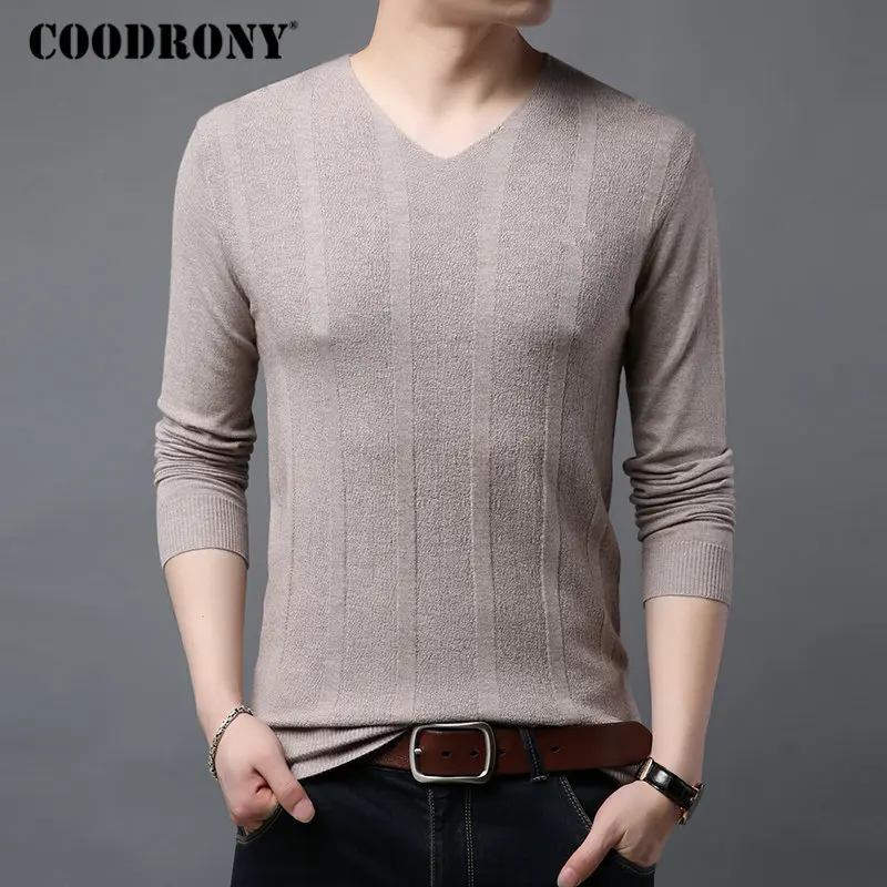 Бренд COODRONY, свитер для мужчин, уличная мода, v-образный вырез, пуловер для мужчин, приталенный, Вязанный свитер для мужчин, Осень-зима, шерстяные свитера 91063