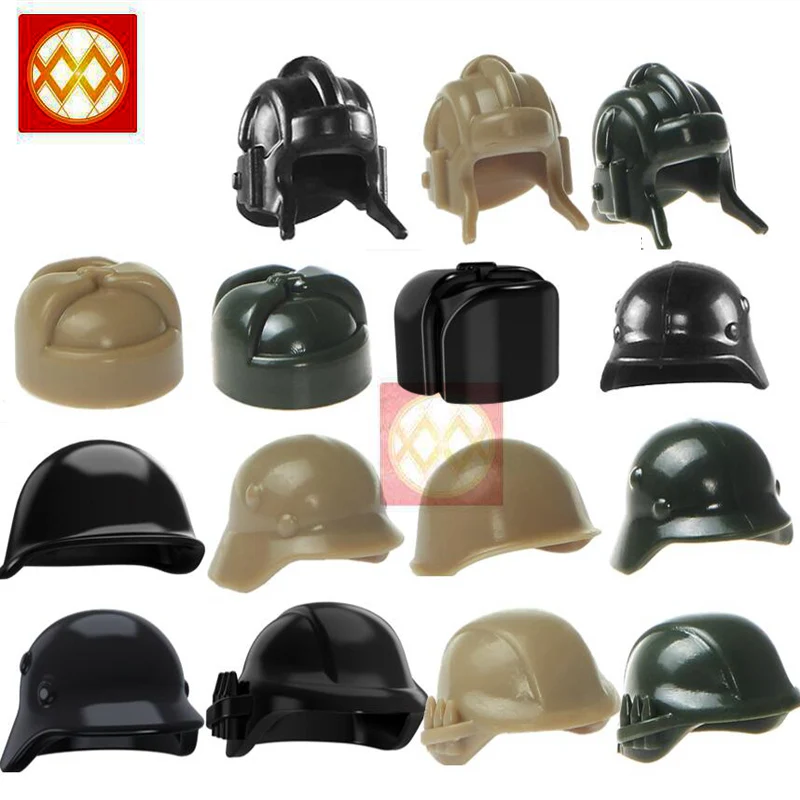 

10PCS/SET WW2 Soldier Military Helmet Cap Hat Vest Armor World War City Building Blocks Toys for Children DIY MOC Weapon Part