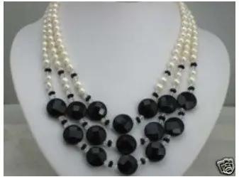 

17''-18.5''3 rows real pearl and onyx necklace AKOYA Free shipping