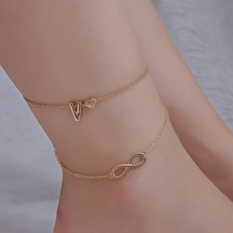 

Qingwen Boho Double Layers Name Initial Letter Anklets Women Silver Color Heart Ankle Bracelet Foot Beach Jewelry Accessories
