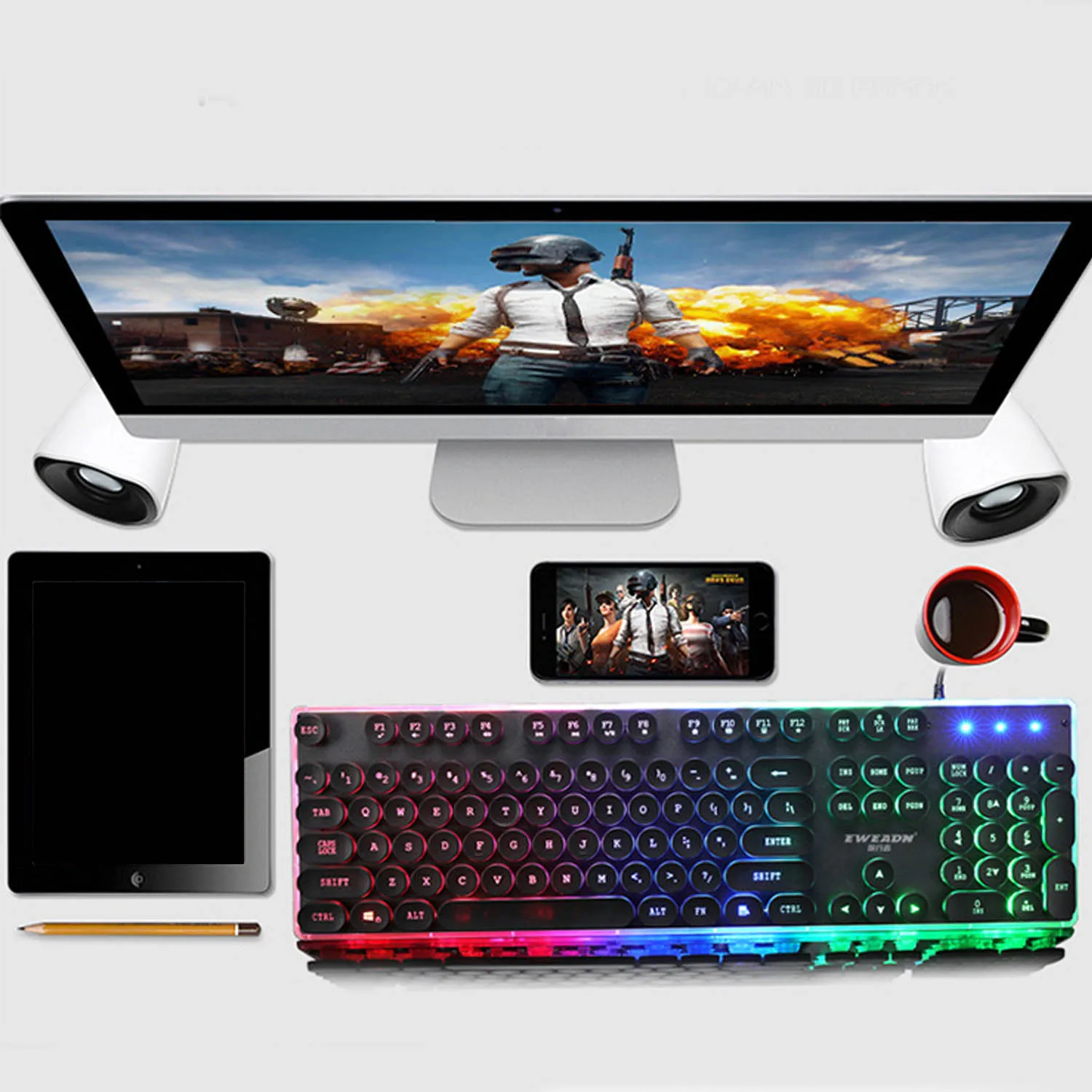  Elisona 108 Keys Retro Typewriter Style Wired Backlight Gaming Keyboard Keypad Key Board for PC Des