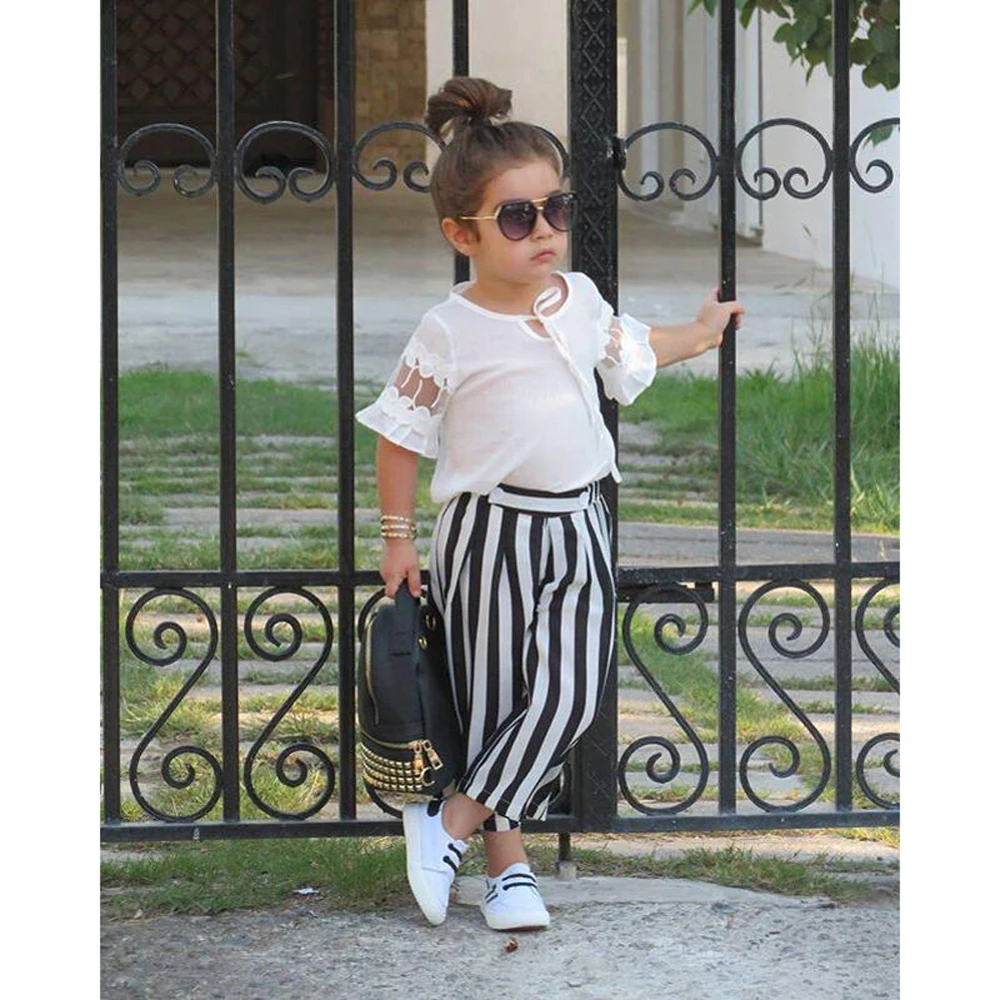 

2018 Summer Korean Children's Clothing Girls Suit Chiffon Tops+Stripe Pants 2Pcs Tops Denim Pants Kids Set