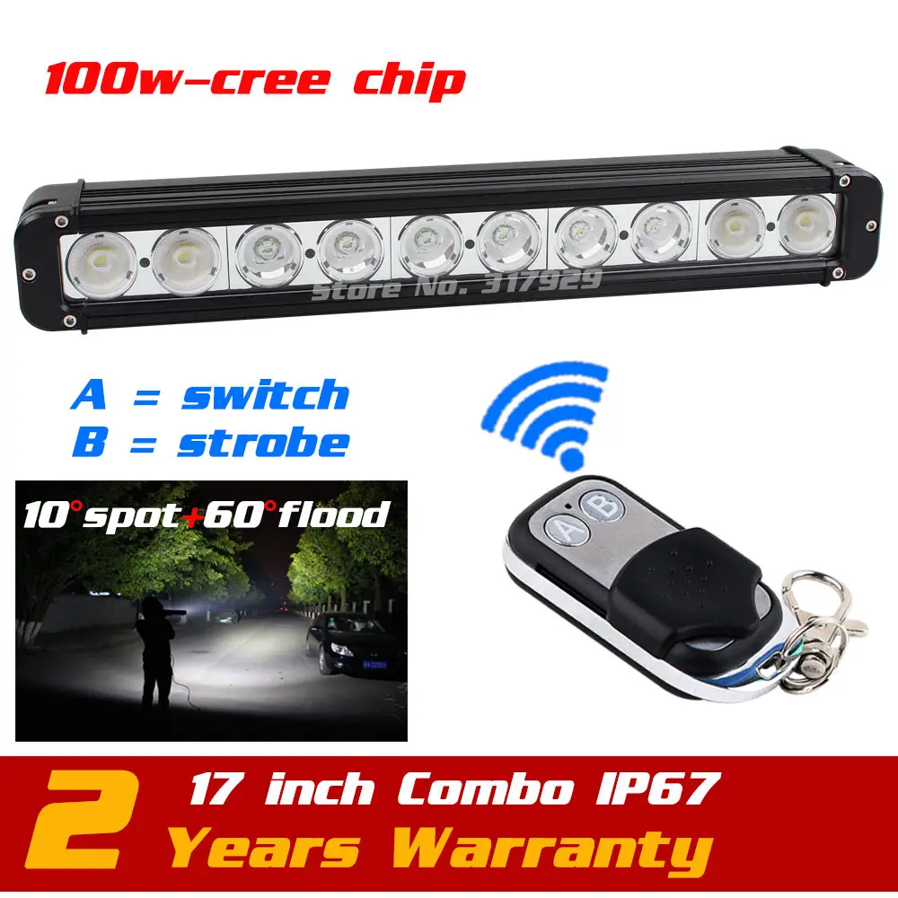 17" 100W LED Light Bar 12v 24v Wireless Remote Strobe Light Bar for