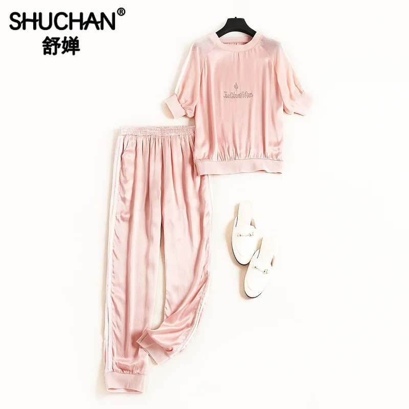 

Shuchan Womens Tracksuit Set 2019 Designer 2 Pieces Set Appliques O-NeckTops+trousers with Stripes on The Sides Suit Women 51649