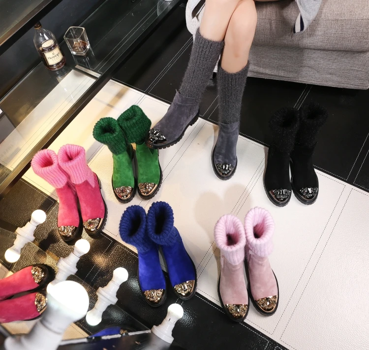 Женские носки с металлическим носком, украшенные стразами; короткие ботиночки; ботинки до середины икры на низком каблуке; Роскошная брендовая зимняя теплая обувь для подиума