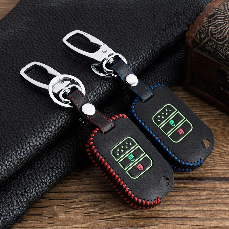 

Hand sewing Luminous Leather Car Key Cover Case Holder For Honda Vezel City Civic Jazz CRV Crider HRV Fit 2 Buttons Smart Key