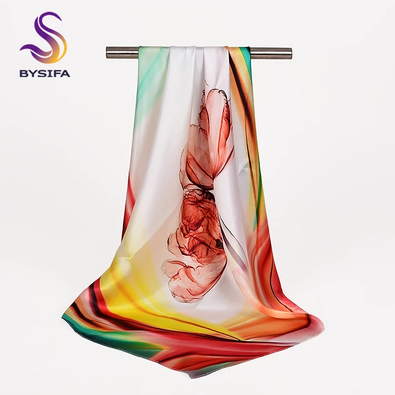 Женский шарф из чистого шелка [BYSIFA] красный и зеленый с радужным цветочным узором