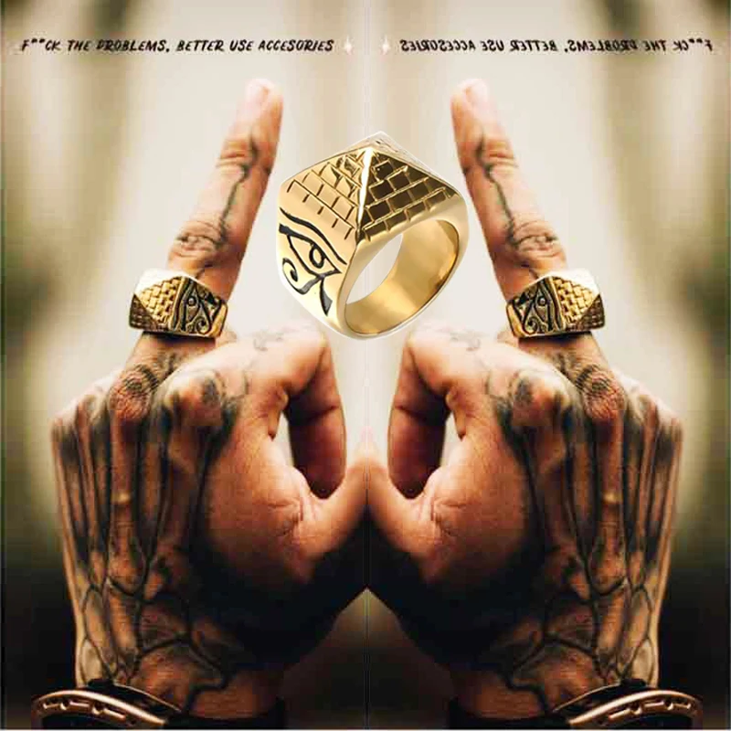 

D&Z Gold Color Totem Pyramid Ring Mens 316L Titanium Stainless Steel Eye of Horus Signet Rings for Men Hiphop Jewelry Unique