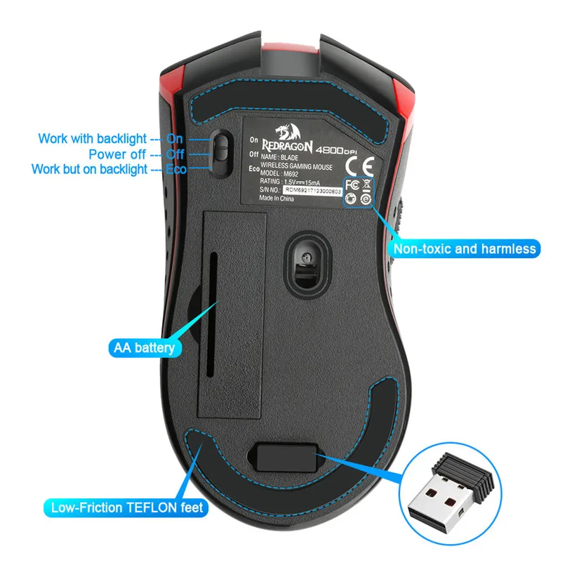 Redragon USB Wireless Gaming Mouse 4800 DPI 9 Buttons Laser Ergonomic For Overwatch Gamer Mice Laptop PC Computer 40AP1508