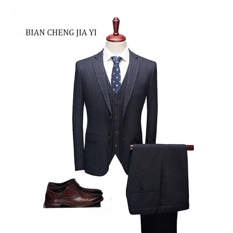 

Grey Striped High quality Mens Wedding suits Formal Notched lapel Suits 3 Pieces Wedding Groom Tuxedos Prom Slim Fit suits