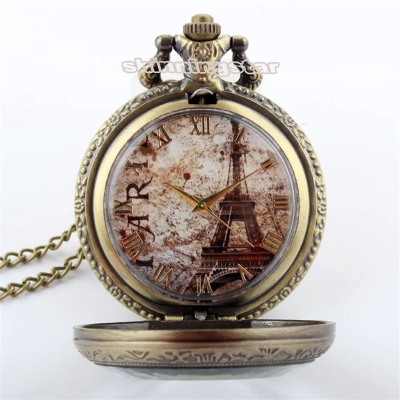 

Fashion Antique Brown Paris Eiffel Tower Pocket Watch Women Men Bronze Steampunk Pocket Watch Roman Number Pendant Necklace Gift