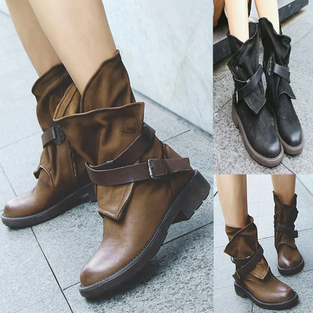 Boots Fashion Medium Military Women Buckle Artificial Leather Patchwork Shoes Classic Autumn Winter Soft Leather Shoes T#