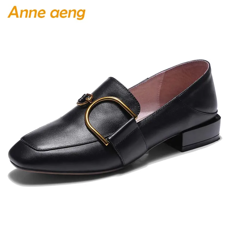 

2019 New Autumn/Spring Genuine Leather Women Pumps Low Heel Square Toe Fashion Casual Women Shoes Black Female Loafers Shoes