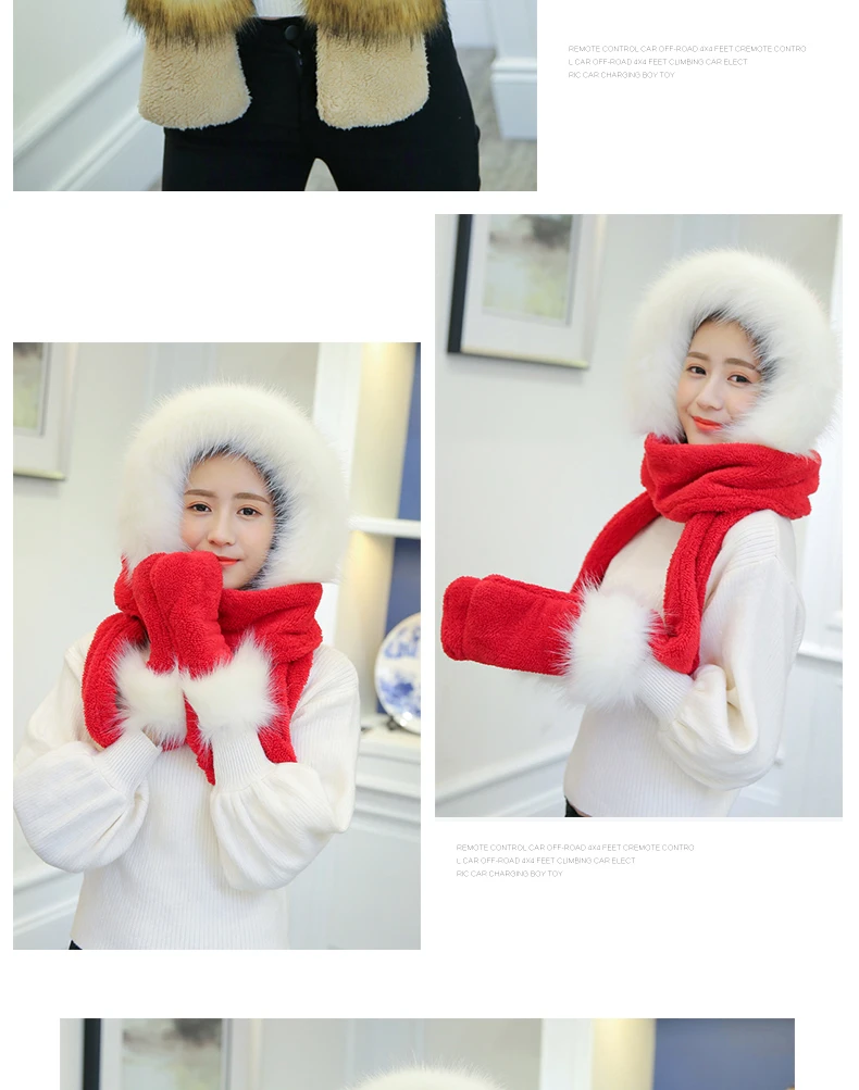 New Korean Version Of The Bib Hat Thick Warm Scarf Hat Gloves Three Pieces One Large Fur Collar Three-Piece Set For Women SN53 (11)